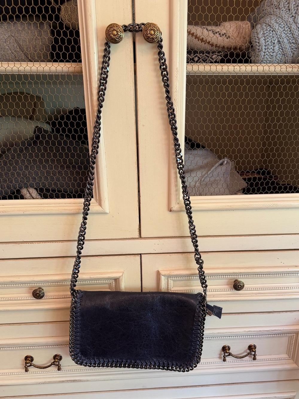 Navy Chain-Trim Shoulder Bag